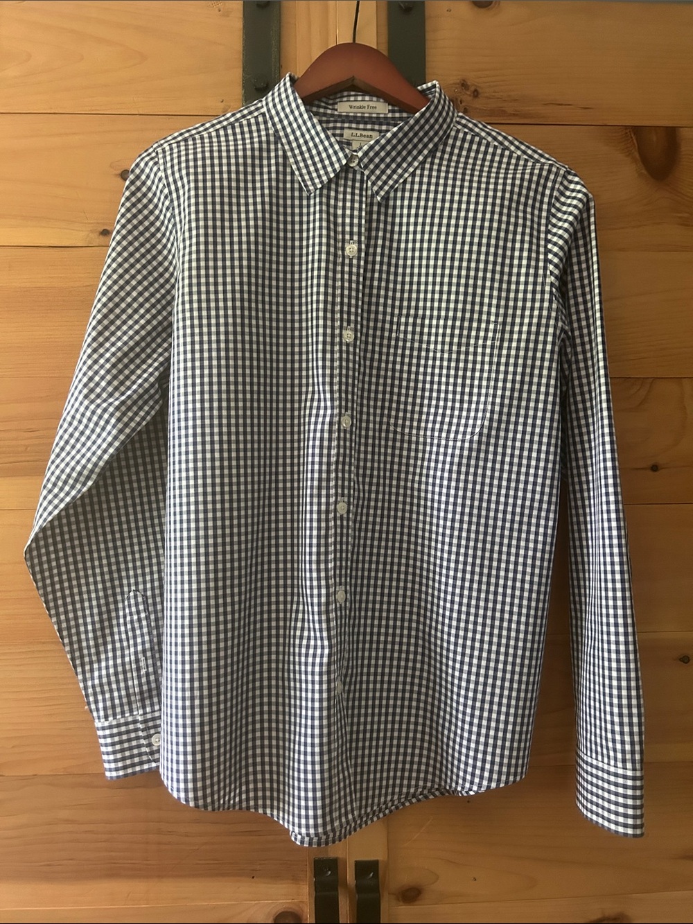 L.L. Bean Women’s 100% Cotton Wrinkle Free Navy White Gingham Shirt Large - Picture 1 of 5